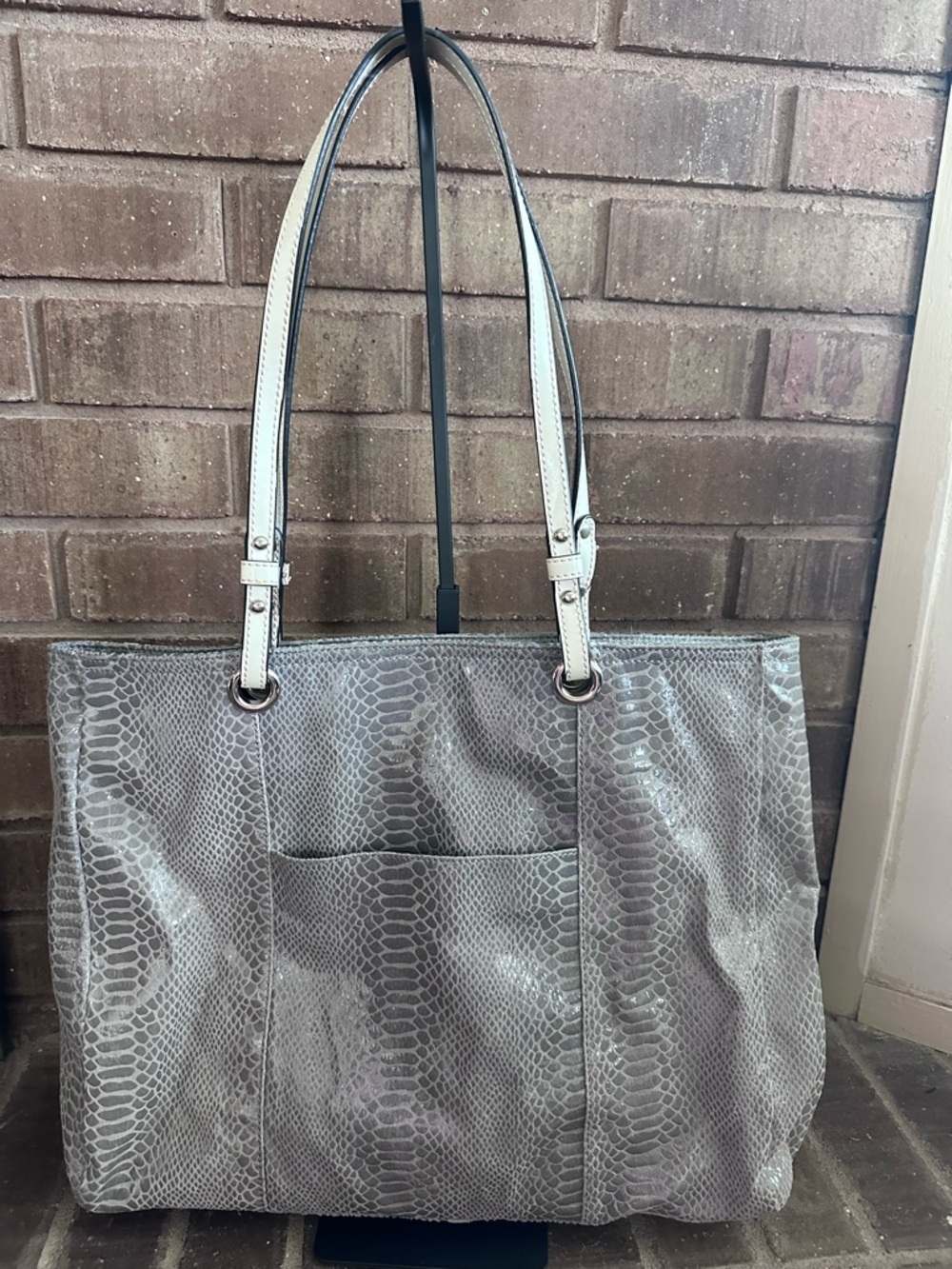 Wilsons Leather Chic Gray Snake Print Tote Bag